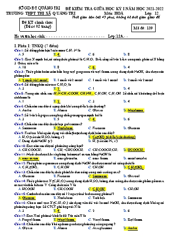 Đề kiểm tra giữa học kì 1 Hóa học Lớp 12 - Năm học 2021-2022 - Trường THPT Thị xã Quảng Trị