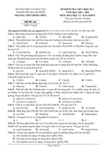 Đề kiểm tra giữa học kì 1 Hóa học Lớp 12 - Năm học 2022-2023 - Trường THPT Bình Chiểu (Có đáp án)