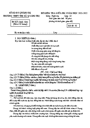 Đề kiểm tra giữa học kì 1 Ngữ văn Lớp 12 - Mã đề 01 - Năm học 2021-2022 - Trường THPT Thị xã Quảng Trị (Có đáp án)