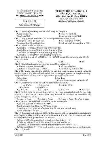 Đề kiểm tra giữa học kì 1 Sinh học Lớp 12 - Mã đề 125 - Năm học 2022-2023 - Trường THPT Bình Chiểu (Có đáp án)