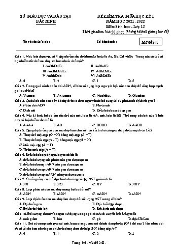 Đề kiểm tra giữa học kì 1 Sinh học Lớp 12 - Mã đề 248 - Năm học 2021-2022 - Sở GD&ĐT Bắc Ninh
