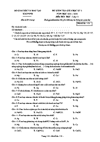 Đề kiểm tra giữa học kì 2 Hóa học Lớp 12 - Mã đề 121 - Năm học 2021-2022 - Sở GD&ĐT Bắc Ninh