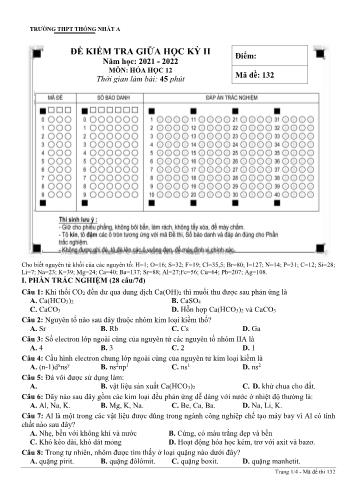 Đề kiểm tra giữa học kì 2 Hóa học Lớp 12 - Mã đề 132 - Năm học 2021-2022 - Trường THPT Thống Nhất A (Có đáp án)