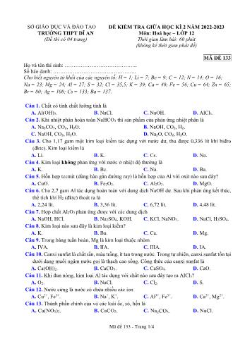 Đề kiểm tra giữa học kì 2 Hóa học Lớp 12 - Mã đề 133 - Năm học 2022-2023 - Trường THPT Dĩ An (Có đáp án)