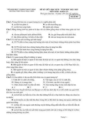 Đề kiểm tra giữa học kì 2 Sinh học Lớp 12 - Mã đề 003 - Năm học 2022-2023 - Trường THPT Phan Ngọc Hiển (Có đáp án)
