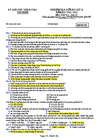 Đề kiểm tra giữa học kì 2 Sinh học Lớp 12 - Mã đề 183 - Năm học 2021-2022 - Sở GD&ĐT Bắc Ninh (Có đáp án)