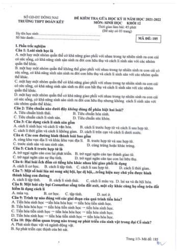 Đề kiểm tra giữa học kì 2 Sinh học Lớp 12 - Mã đề 185 - Năm học 2021-2022 - Trường THPT Đoàn Kết (Có đáp án)
