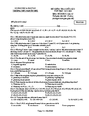 Đề kiểm tra giữa kì 1 Hóa học Lớp 12 - Mã đề 001 - Năm học 2022-2023 - Trường THPT Nguyễn Huệ