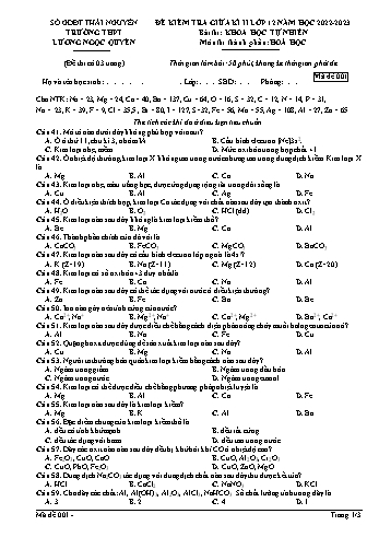 Đề kiểm tra giữa kì 2 Hóa học Lớp 12 - Mã đề 001 - Năm học 2022-2023 - Trường THPT Lương Ngọc Quyến