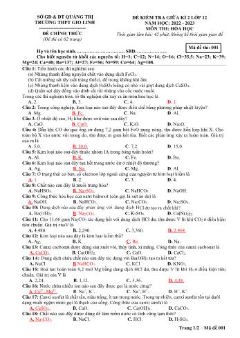 Đề kiểm tra giữa kì 2 Hóa học Lớp 12 - Mã đề 001 - Năm học 2022-2023 - Trường THPT Gio Linh (Có đáp án)