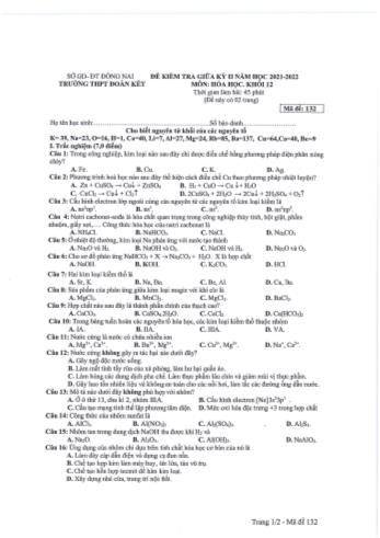 Đề kiểm tra giữa kì 2 Hóa học Lớp 12 - Năm học 2021-2022 - Trường THPT Đoàn Kết (Có đáp án)