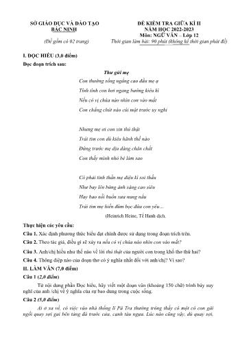 Đề kiểm tra giữa kì 2 Ngữ văn Lớp 12 - Năm học 2022-2023 - Sở GD&ĐT Bắc Ninh (Có đáp án)