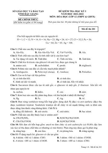 Đề kiểm tra học kì 1 Hóa học Lớp 12 - Mã đề 201 - Năm học 2021-2022 - Sở GD&ĐT Hậu Giang (Có đáp án)