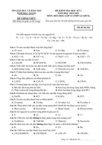 Đề kiểm tra học kì 1 Hóa học Lớp 12 - Mã đề 201 - Năm học 2022-2023 - Sở GD&ĐT Hậu Giang (Có đáp án)