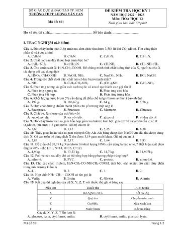Đề kiểm tra học kì 1 Hóa học Lớp 12 - Mã đề 601 - Năm học 2022-2023 - Trường THPT Lương Văn Can (Có đáp án)