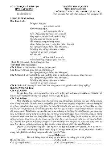 Đề kiểm tra học kì 1 Ngữ văn Lớp 12 - Năm học 2021-2022 - Sở GD&ĐT Hậu Giang (Có đáp án)