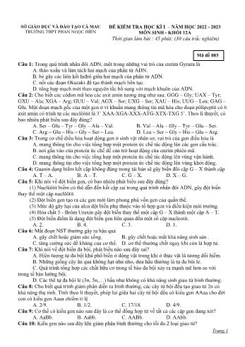 Đề kiểm tra học kì 1 Sinh học Lớp 12 - Mã đề 003 - Năm học 2022-2023 - Trường THPT Phan Ngọc Hiển (Kèm đáp án)