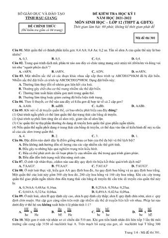 Đề kiểm tra học kì 1 Sinh học Lớp 12 - Mã đề 301 - Năm học 2021-2022 - Sở GD&ĐT Hậu Giang (Kèm đáp án)