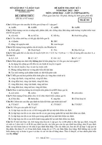 Đề kiểm tra học kì 1 Sinh học Lớp 12 - Mã đề 301 - Năm học 2022-2023 - Sở GD&ĐT Hậu Giang (Kèm đáp án)