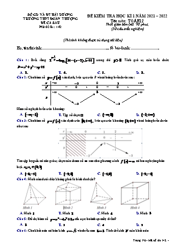 Đề kiểm tra học kì 1 Toán Lớp 12 (Ca 2) - Mã đề 142 - Năm học 2021-2022 - Trường THPT Đoàn Thượng