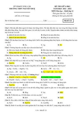 Đề thi giữa học kì 2 Hóa học Lớp 12 - Năm học 2021-2022 - Trường THPT Nguyễn Huệ (Có đáp án)