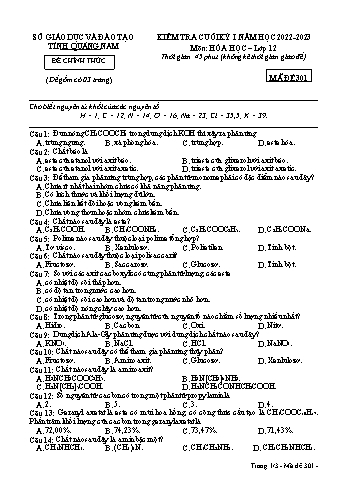 Kiểm tra cuối kì 1 Hóa học Lớp 12 - Mã đề 301 - Năm học 2022-2023 - Sở GD&ĐT Quảng Nam