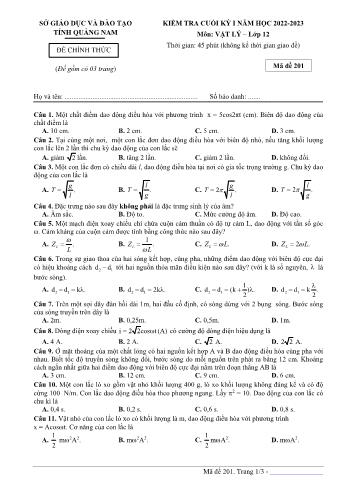 Kiểm tra cuối kì 1 Vật lí Lớp 12 - Mã đề 201 - Năm học 2022-2023 - Sở GD&ĐT Quảng Nam (Có đáp án)