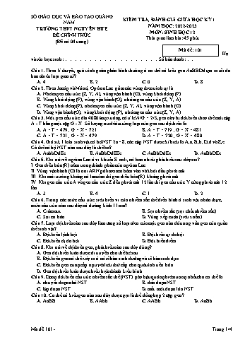 Kiểm tra, đánh giá giữa học kì 1 Sinh học Lớp 12 - Mã đề 101 - Năm học 2022-2023 - Trường THPT Nguyễn Huệ