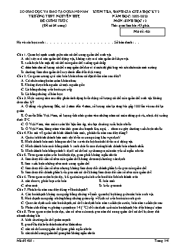 Kiểm tra, đánh giá giữa học kì 2 Sinh học Lớp 12 - Mã đề 401 - Năm học 2022-2023 - Trường THPT Nguyễn Huệ