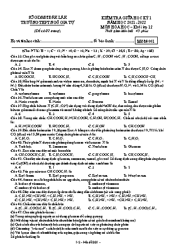 Kiểm tra giữa học kì 1 Hóa học Lớp 12 - Mã đề 001 - Năm học 2021-2022 - Trường THPT Ngô Gia Tự