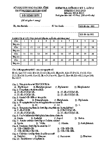 Kiểm tra giữa học kì 1 Hóa học Lớp 12 - Mã đề 001 - Năm học 2022-2023 - Trường THPT Hương Khê