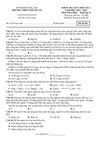 Kiểm tra giữa học kì 2 Hóa học Lớp 12 - Mã đề 001 - Năm học 2021-2022 - Trường THPT Ngô Gia Tự (Có đáp án)