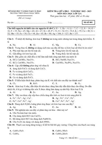 Kiểm tra giữa học kì 2 Hóa học Lớp 12 - Mã đề 001 - Năm học 2022-2023 - Trường THPT Phan Ngọc Hiển (Có đáp án)