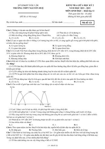 Kiểm tra giữa học kì 2 Sinh học Lớp 12 - Mã đề 121 - Năm học 2021-2022 - Trường THPT Nguyễn Huệ (Có đáp án)