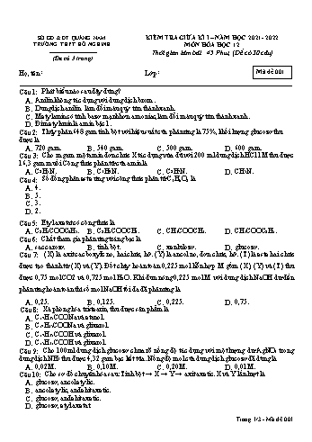 Kiểm tra giữa kì 1 Hóa học Lớp 12 - Mã đề 001 - Năm học 2021-2022 - Trường THPT Hồ Nghinh
