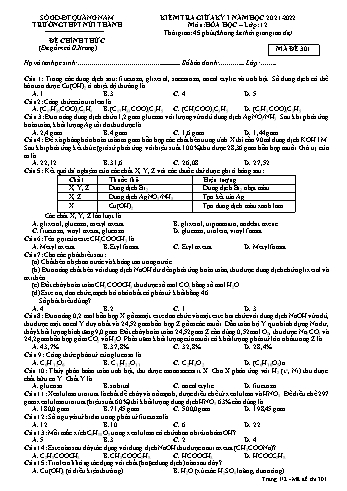Kiểm tra giữa kì 1 Hóa học Lớp 12 - Mã đề 301 - Năm học 2021-2022 - Trường THPT Núi Thành
