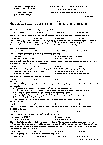 Kiểm tra giữa kì 1 Hóa học Lớp 12 - Mã đề 301 - Năm học 2022-2023 - Trường THPT Núi Thành