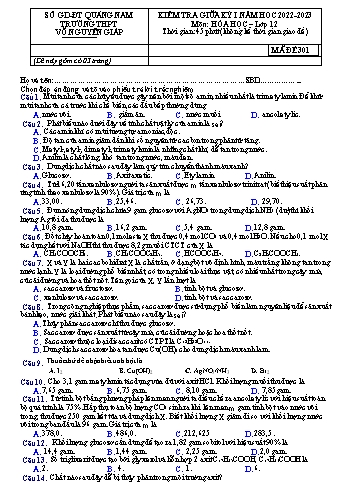 Kiểm tra giữa kì 1 Hóa học Lớp 12 - Mã đề 301 - Năm học 2022-2023 - Trường THPT Võ Nguyên Giáp