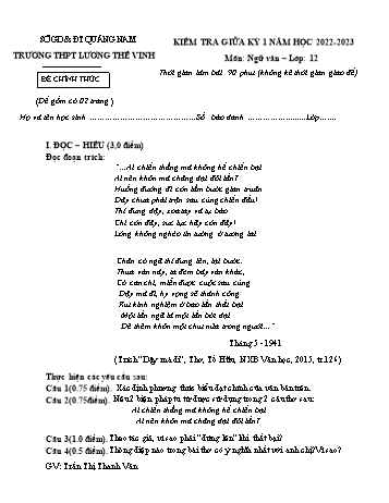 Kiểm tra giữa kì 1 Ngữ văn Lớp 12 - Năm học 2022-2023 - Trường THPT Lương Thế Vinh (Có đáp án)