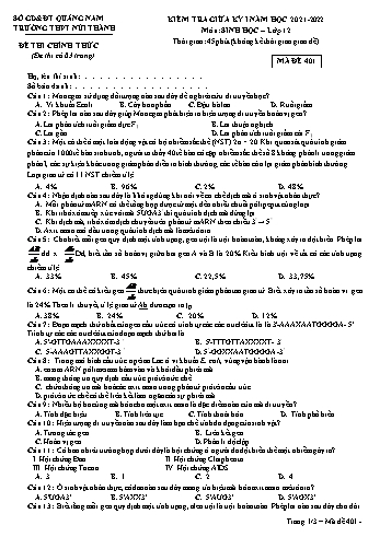 Kiểm tra giữa kì 1 Sinh học Lớp 12 - Mã đề 401 - Năm học 2021-2022 - Trường THPT Núi Thành