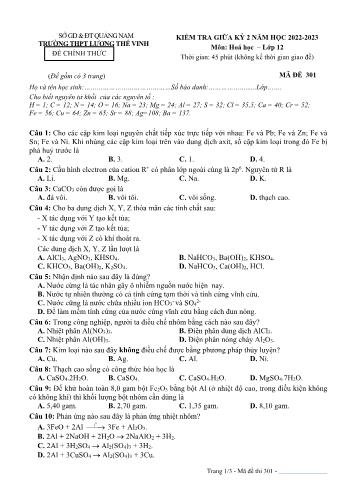Kiểm tra giữa kì 2 Hóa học Lớp 12 - Mã đề 301 - Năm học 2022-2023 - Trường THPT Lương Thế Vinh (Có đáp án)