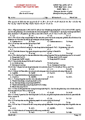 Kiểm tra giữa kì 2 Hóa học Lớp 12 - Mã đề 301 - Năm học 2022-2023 - Trường THPT Nguyễn Huệ