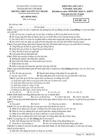 Kiểm tra giữa kì 2 Sinh học Lớp 12 - Mã đề 165 - Năm học 2022-2023 - Trường THPT Nguyễn Tất Thành