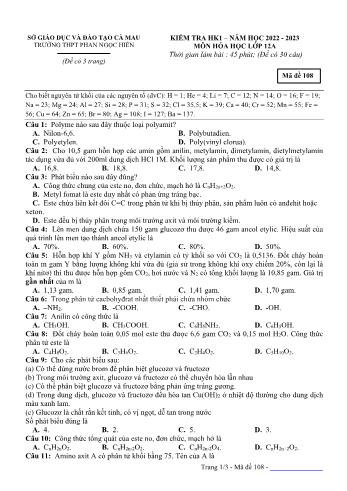 Kiểm tra học kì 1 Hóa học Lớp 12 - Mã đề 108 - Năm học 2022-2023 - Trường THPT Phan Ngọc Hiển (Có đáp án)