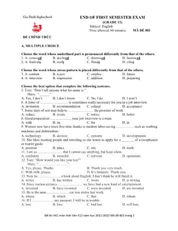 Đề kiểm tra học kì 1 Tiếng Anh Lớp 12 - Mã đề 801 - Năm học 2021-2022 - Trường THPT Gia Định (Có đáp án)